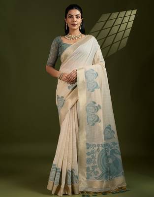 Grey soft muga cotton kalamkari woven saree with blouse 1