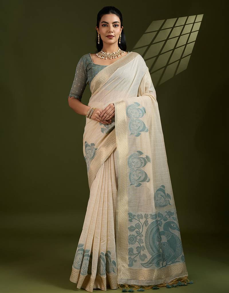 Grey soft muga cotton kalamkari woven saree with blouse