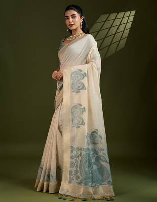 Grey soft muga cotton kalamkari woven saree with blouse 2