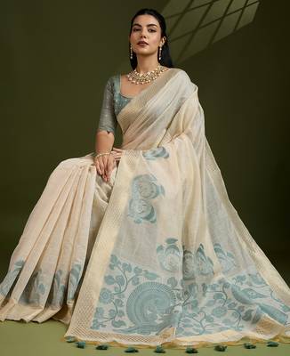 Grey soft muga cotton kalamkari woven saree with blouse 3