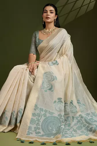 Grey soft muga cotton kalamkari woven saree with blouse