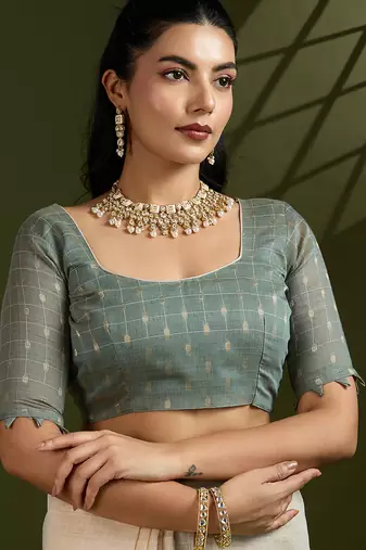 Grey soft muga cotton kalamkari woven saree with blouse