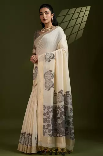 Coffee soft muga cotton kalamkari woven saree with blouse