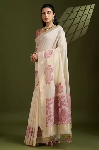 Pink soft muga cotton kalamkari woven saree with blouse
