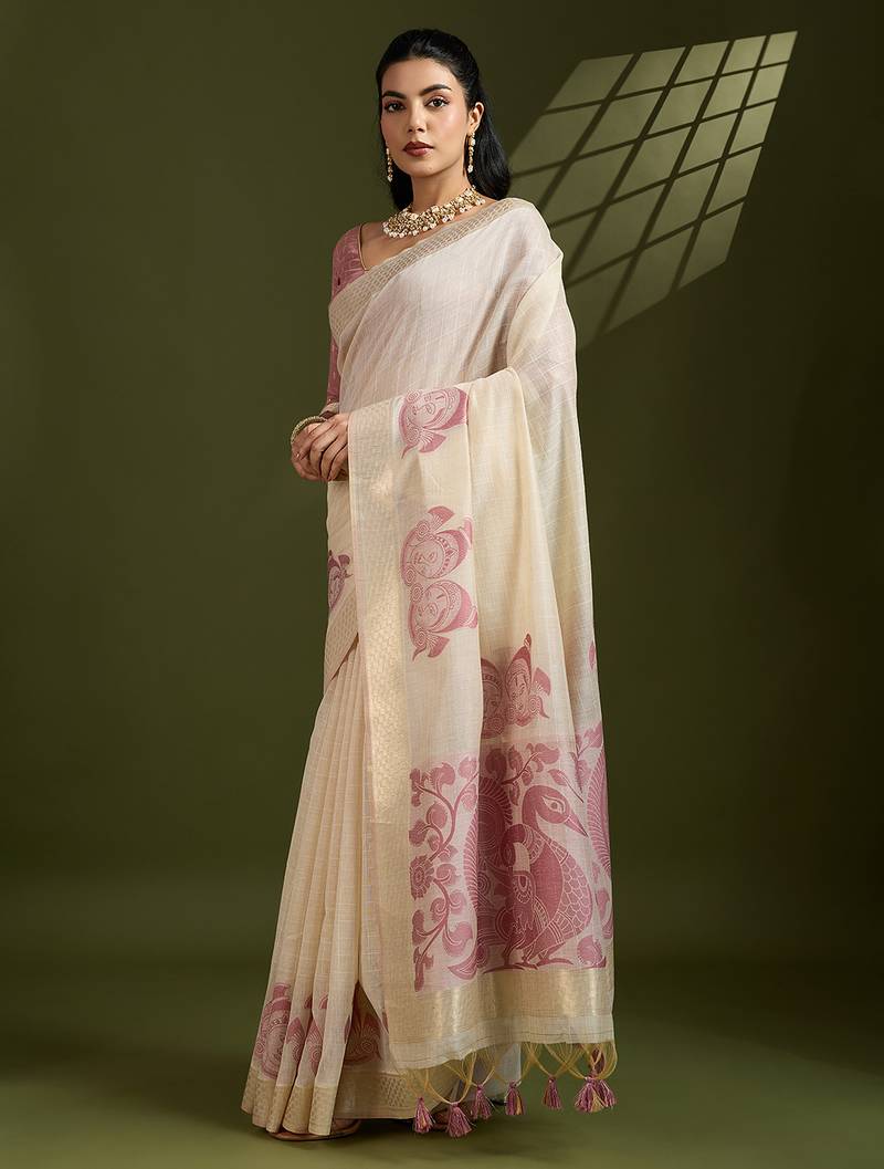 Pink soft muga cotton kalamkari woven saree with blouse