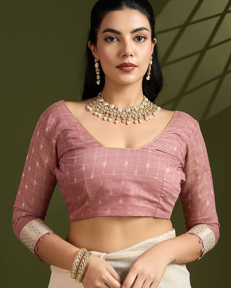 Pink soft muga cotton kalamkari woven saree with blouse