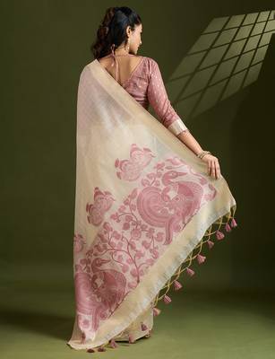 Pink soft muga cotton kalamkari woven saree with blouse 5