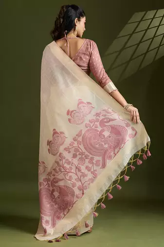 Pink soft muga cotton kalamkari woven saree with blouse