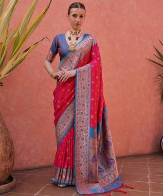 Rani pink paithani silk zari woven saree with blouse 1