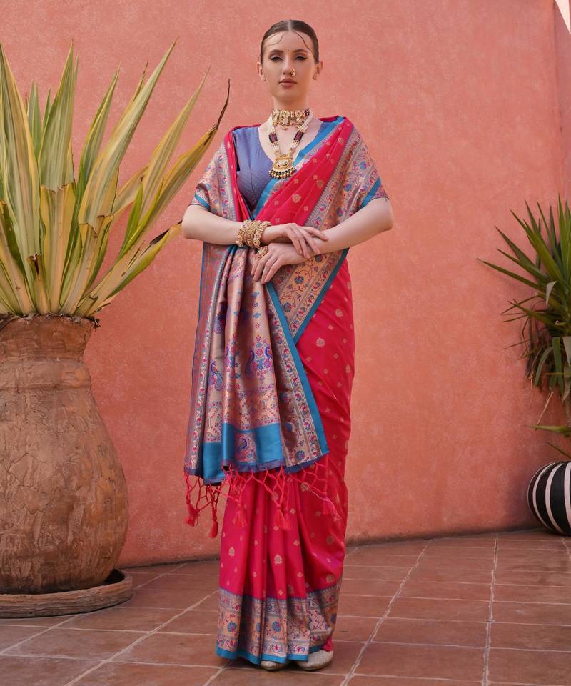 Rani pink paithani silk zari woven saree with blouse