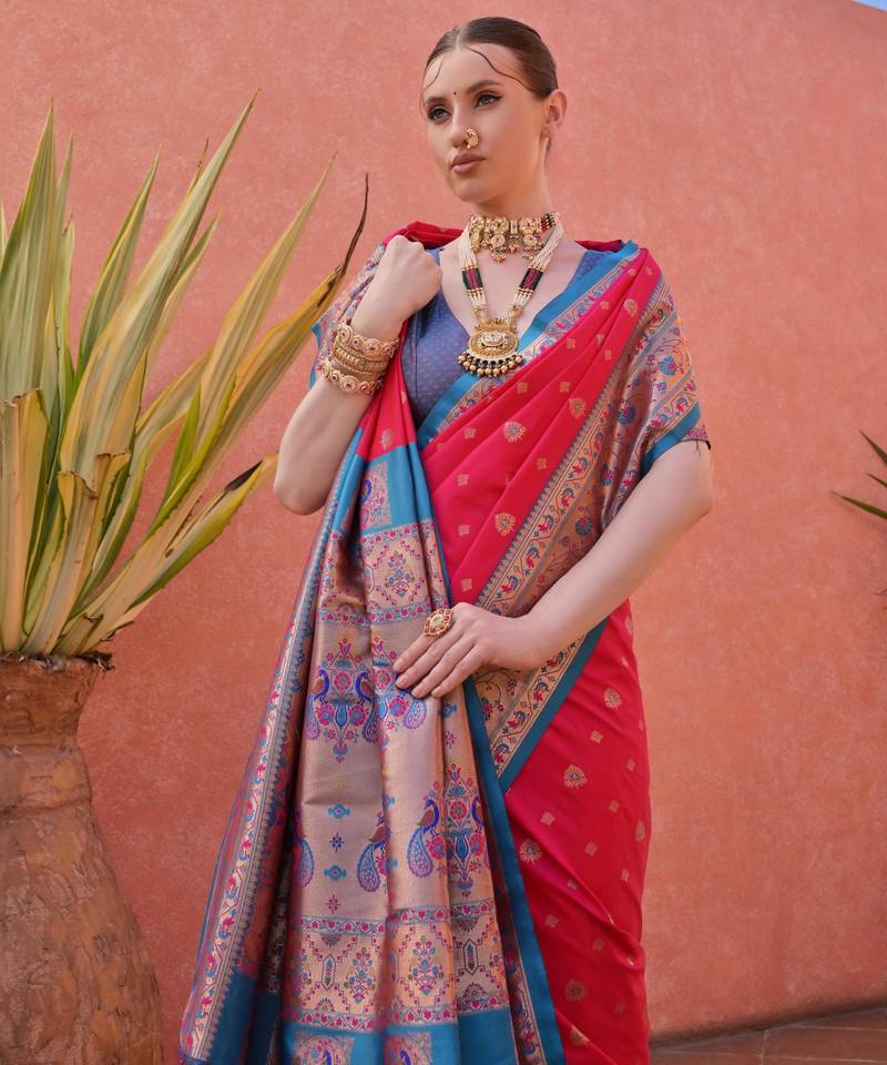 Rani pink paithani silk zari woven saree with blouse