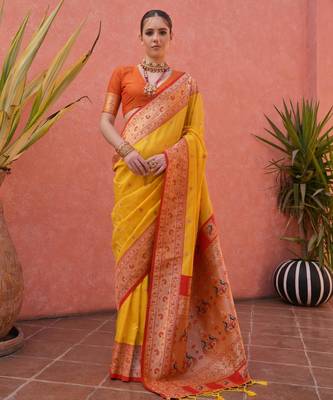 Yellow paithani silk zari woven saree with blouse 1