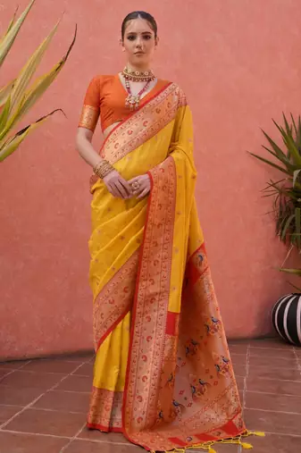 Yellow paithani silk zari woven saree with blouse