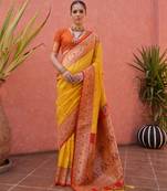 Yellow paithani silk zari woven saree with blouse