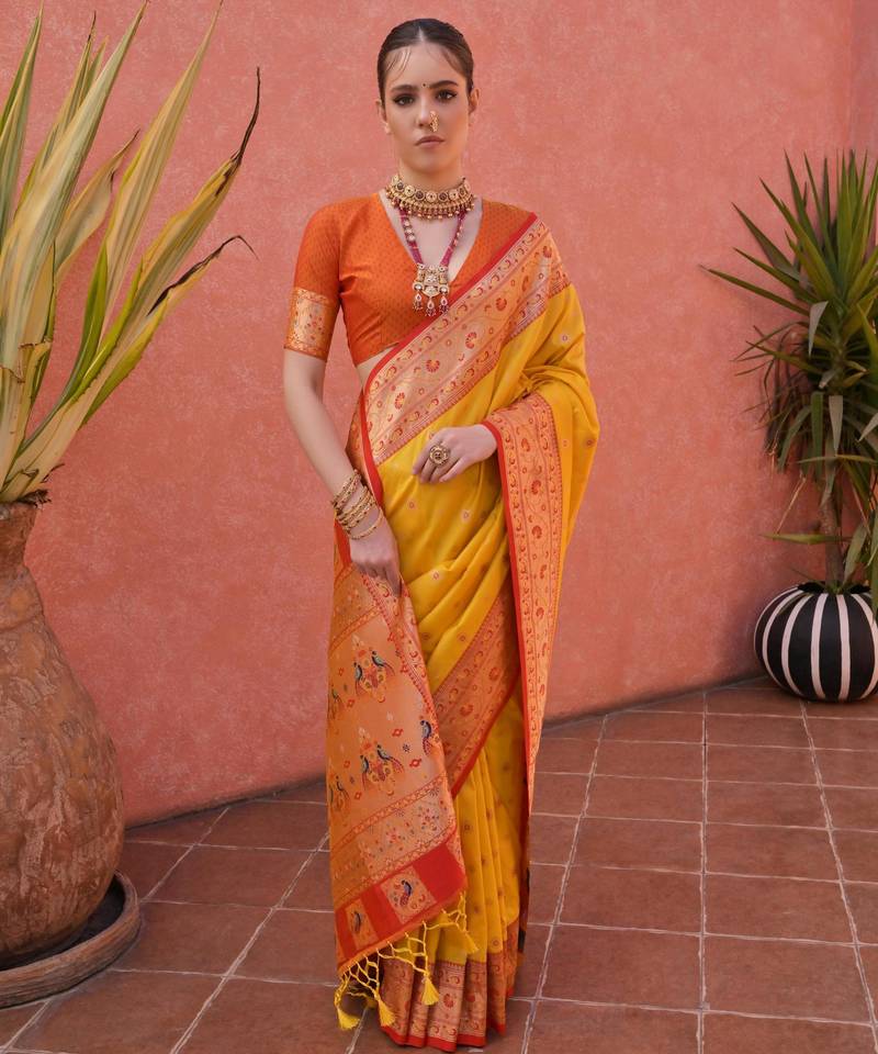 Yellow paithani silk zari woven saree with blouse