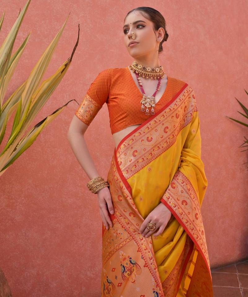 Yellow paithani silk zari woven saree with blouse