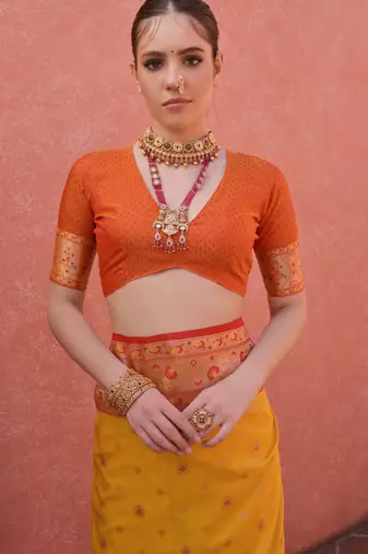 Yellow paithani silk zari woven saree with blouse