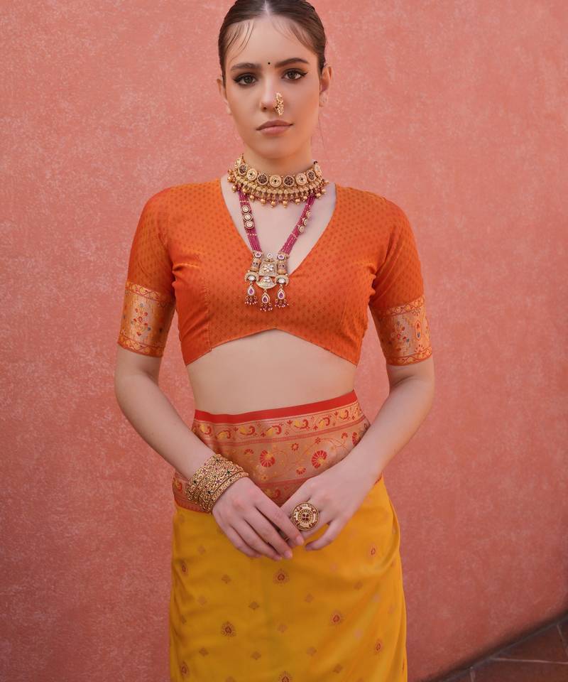 Yellow paithani silk zari woven saree with blouse