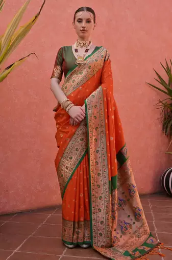 Orange paithani silk zari woven saree with blouse