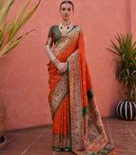 Orange paithani silk zari woven saree with blouse