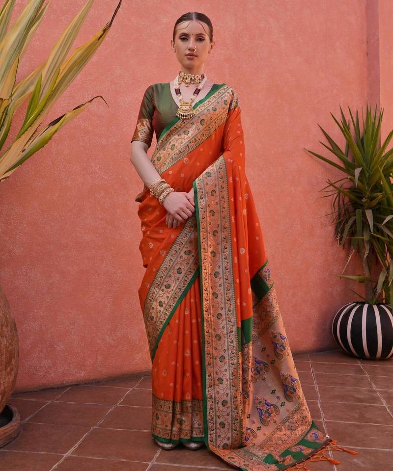 Orange paithani silk zari woven saree with blouse