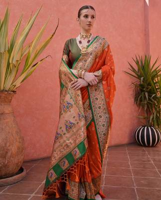 Orange paithani silk zari woven saree with blouse 2