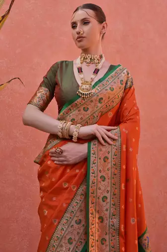 Orange paithani silk zari woven saree with blouse