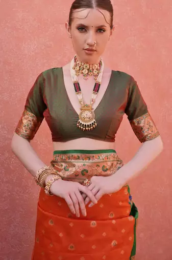 Orange paithani silk zari woven saree with blouse