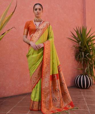 Pista green paithani silk zari woven saree with blouse 1