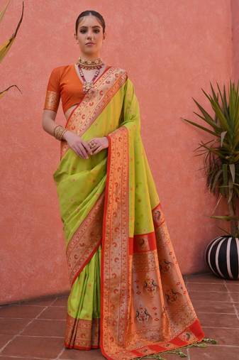 Pista green paithani silk zari woven saree with blouse