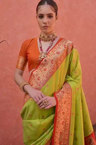 Pista green paithani silk zari woven saree with blouse