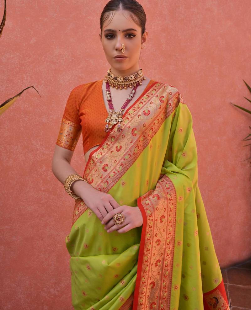 Pista green paithani silk zari woven saree with blouse