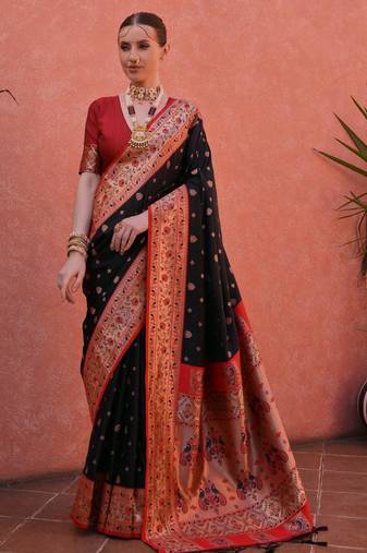 Black paithani silk zari woven saree with blouse