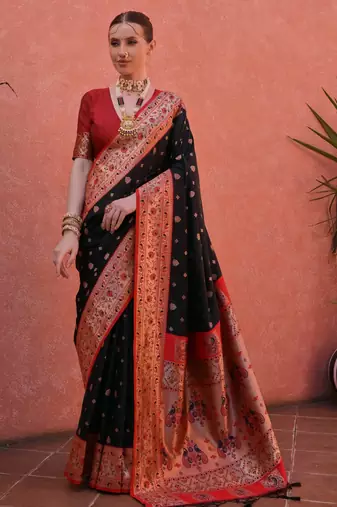 Black paithani silk zari woven saree with blouse