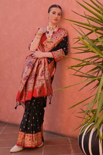 Black paithani silk zari woven saree with blouse