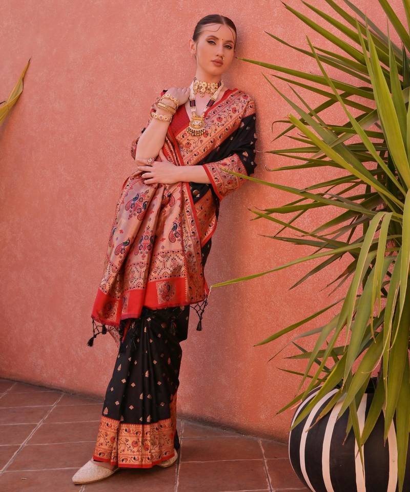 Black paithani silk zari woven saree with blouse