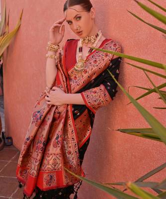 Black paithani silk zari woven saree with blouse 3
