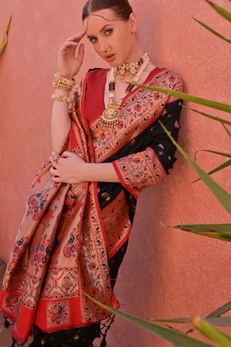 Black paithani silk zari woven saree with blouse