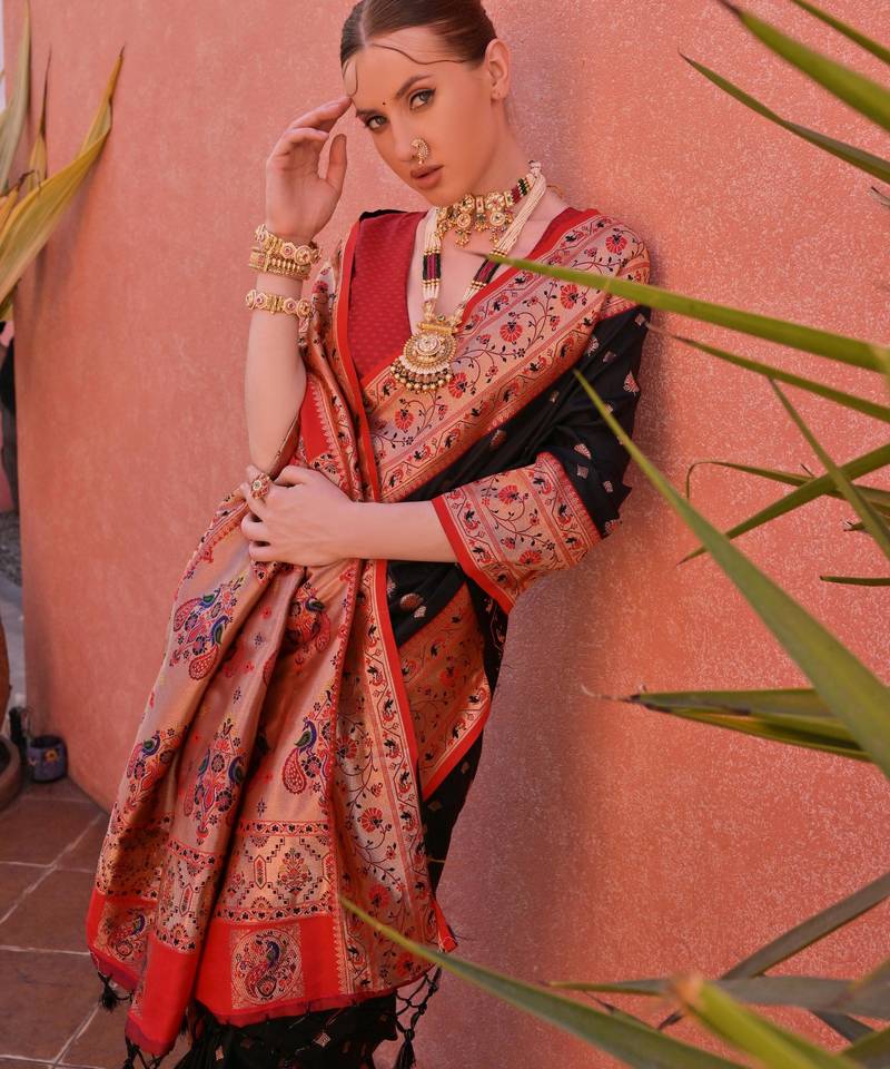 Black paithani silk zari woven saree with blouse