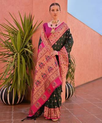 Bottle green paithani silk zari woven saree with blouse 1