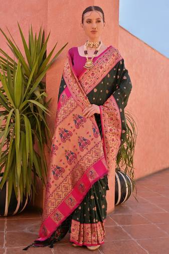 Bottle green paithani silk zari woven saree with blouse