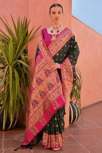 Bottle green paithani silk zari woven saree with blouse