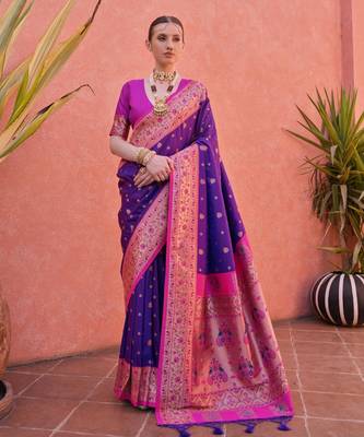 Royal blue paithani silk zari woven saree with blouse 1
