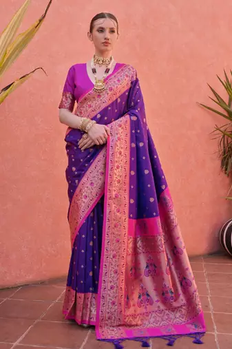 Royal blue paithani silk zari woven saree with blouse