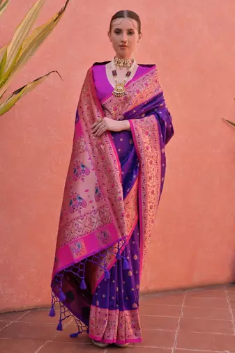 Royal blue paithani silk zari woven saree with blouse