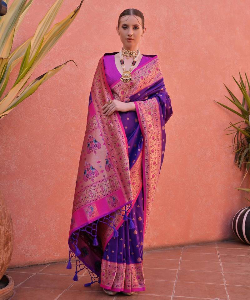 Royal blue paithani silk zari woven saree with blouse