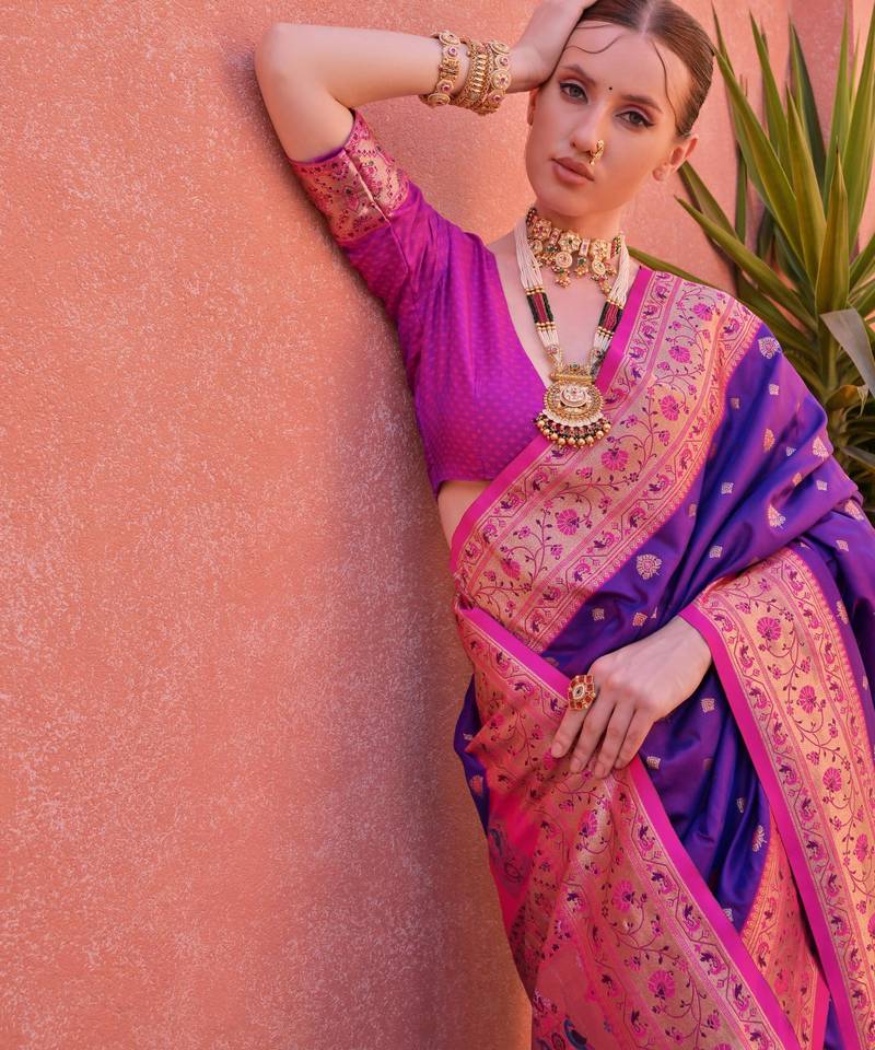 Royal blue paithani silk zari woven saree with blouse