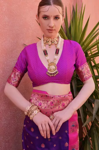 Royal blue paithani silk zari woven saree with blouse