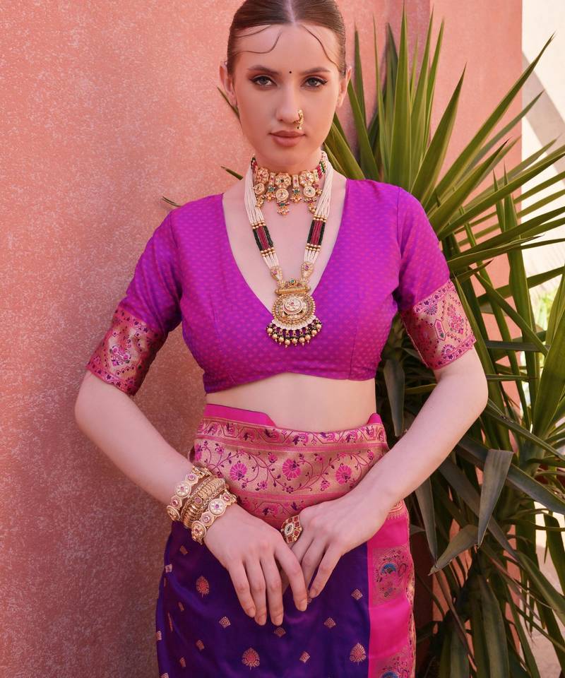 Royal blue paithani silk zari woven saree with blouse