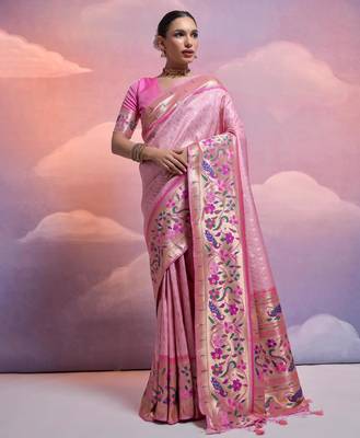 Baby pink paithani silk zari woven saree with blouse 1